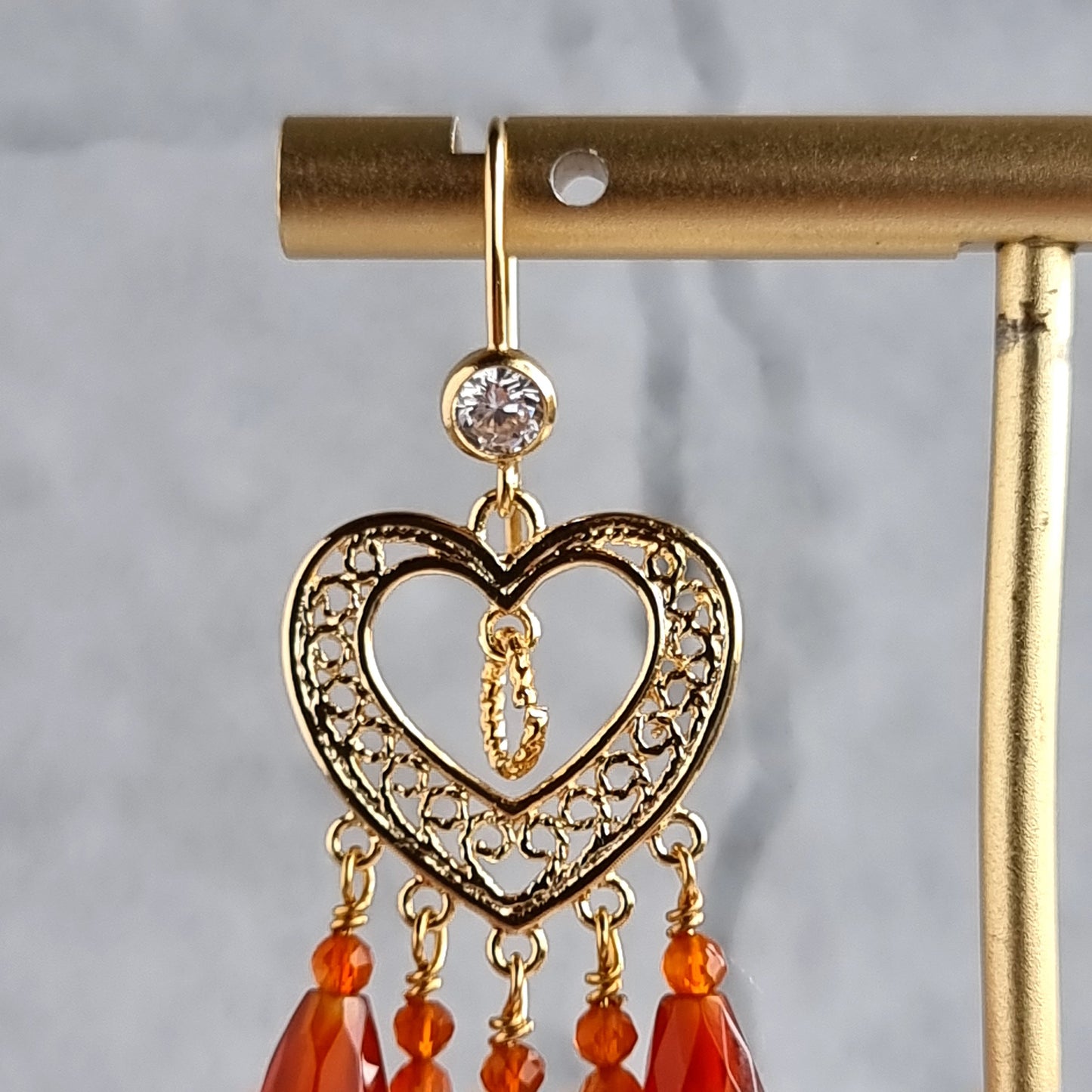 Heart Chandelier Gemstone Earrings - Carnelian