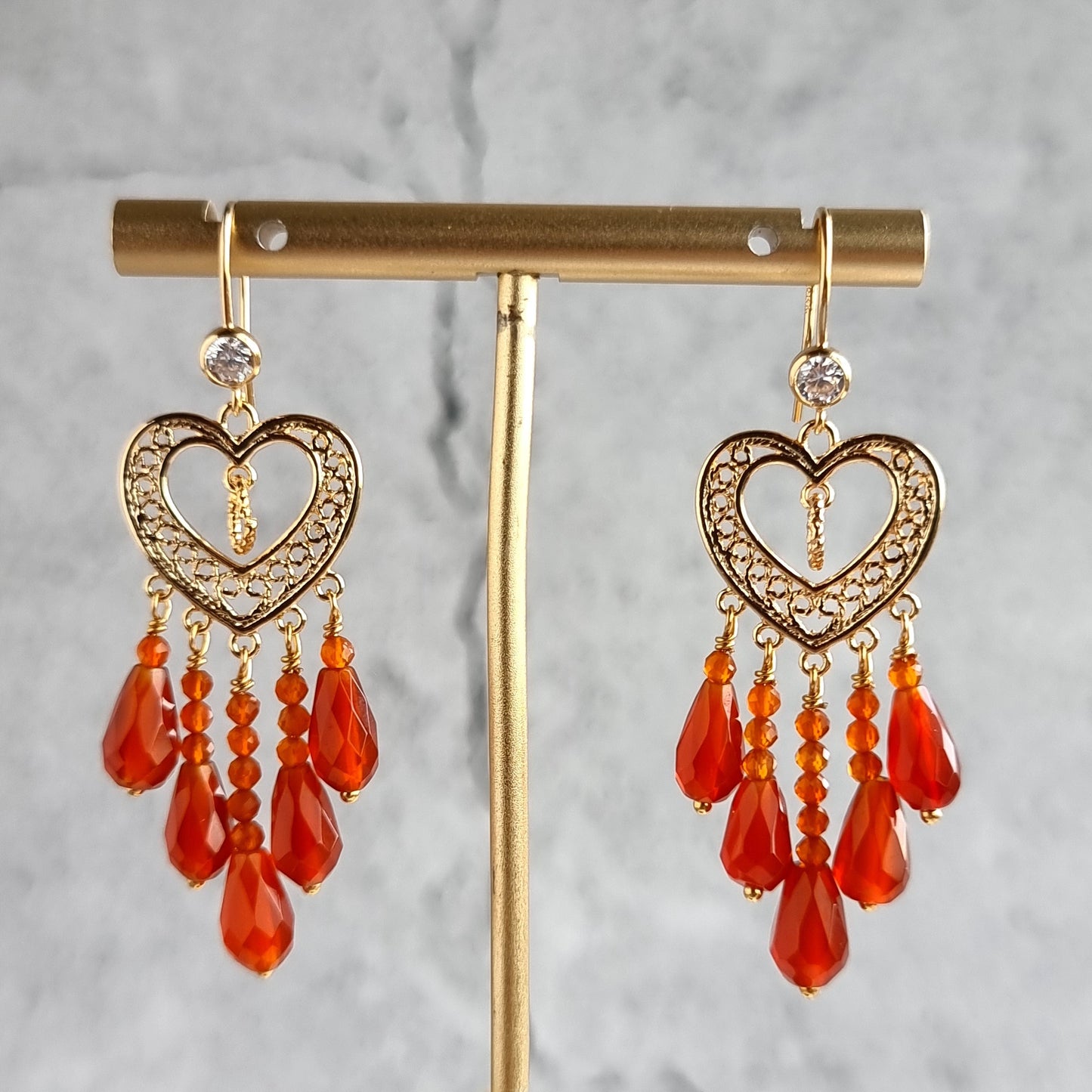 Heart Chandelier Gemstone Earrings - Carnelian