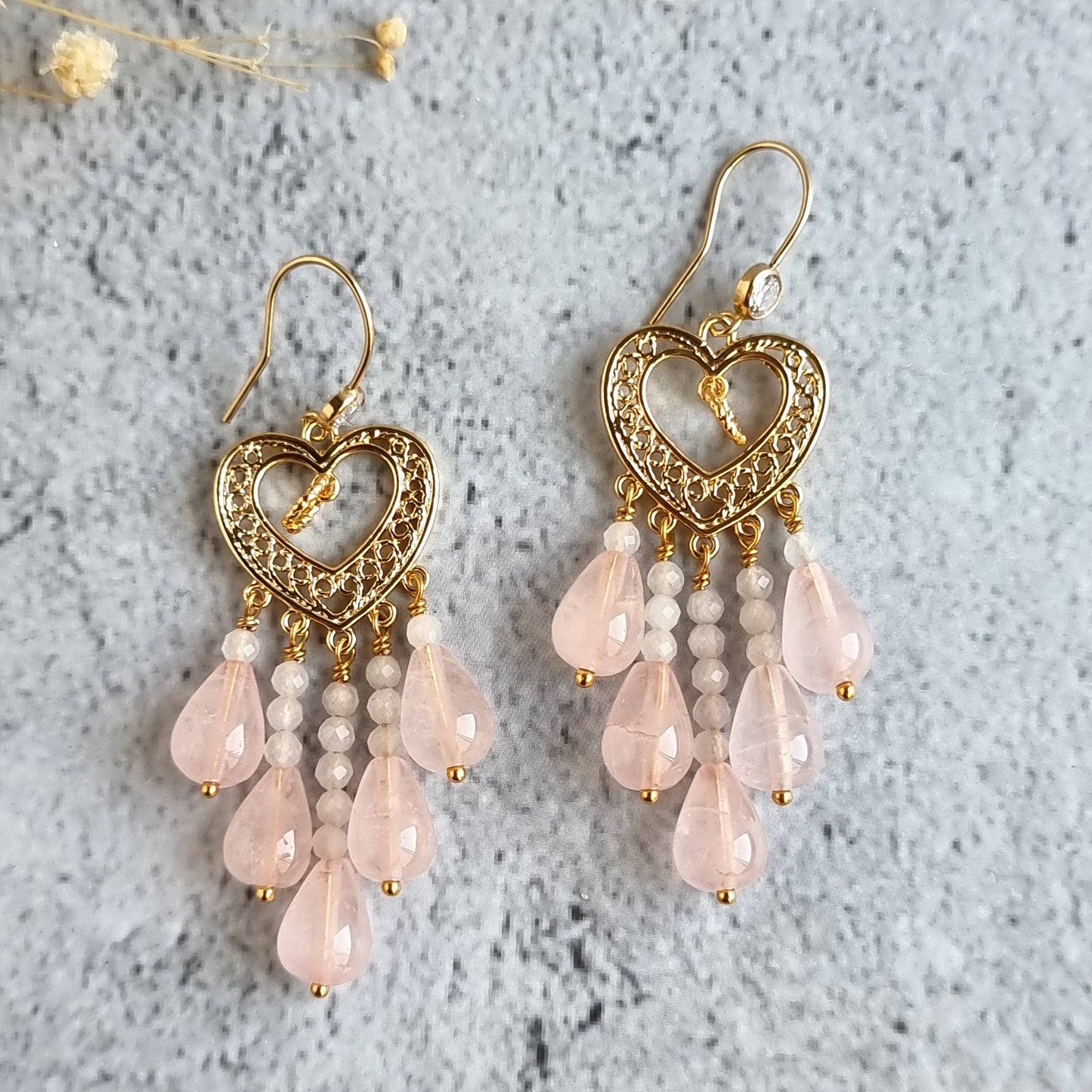 Heart Chandelier Gemstone Earrings - Rose Quartz