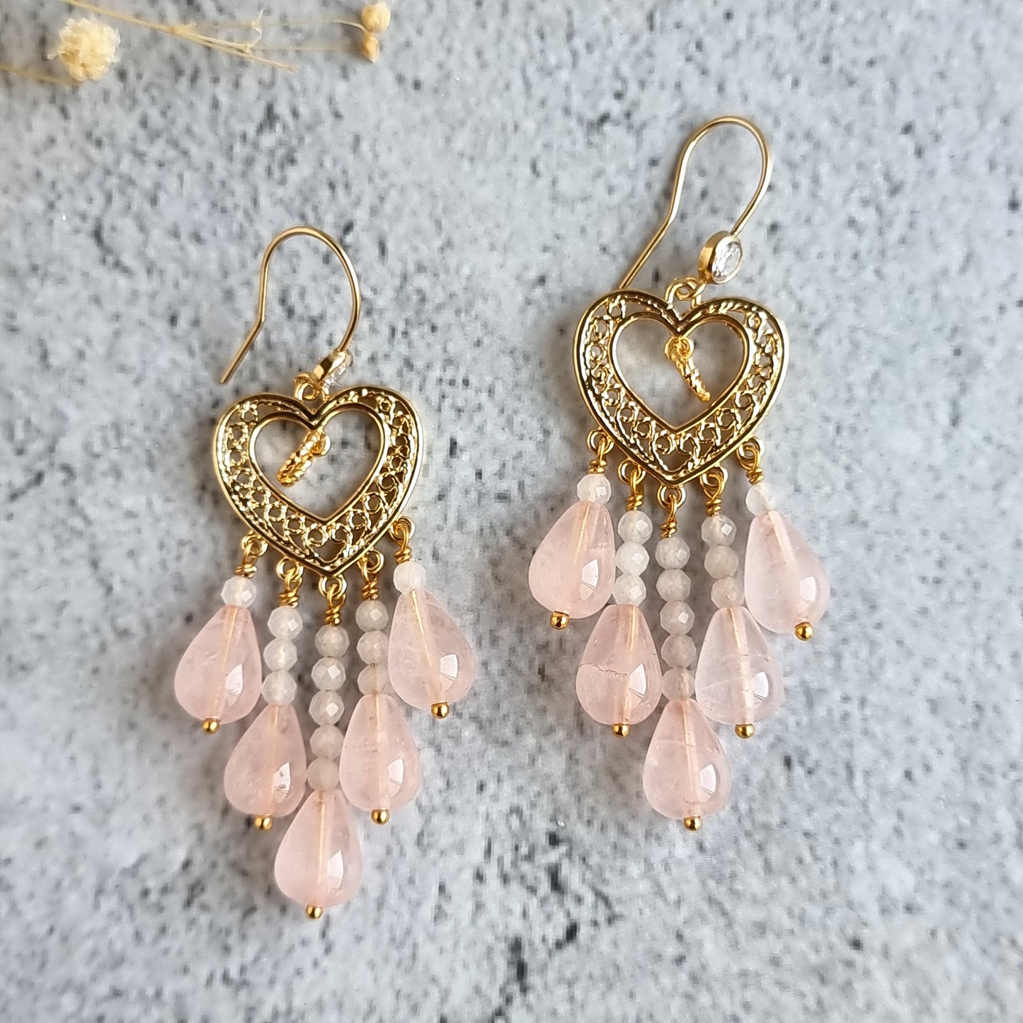 Heart Chandelier Gemstone Earrings - Rose Quartz