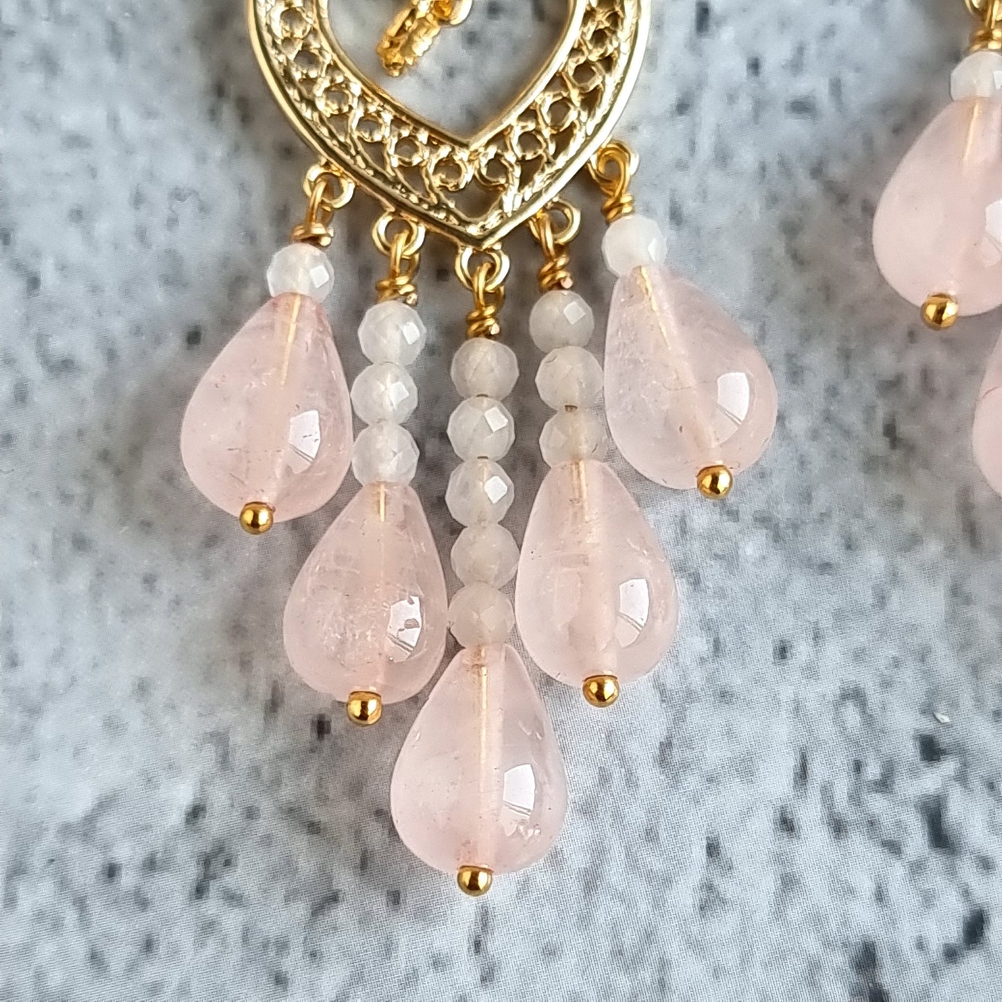 Heart Chandelier Gemstone Earrings - Rose Quartz