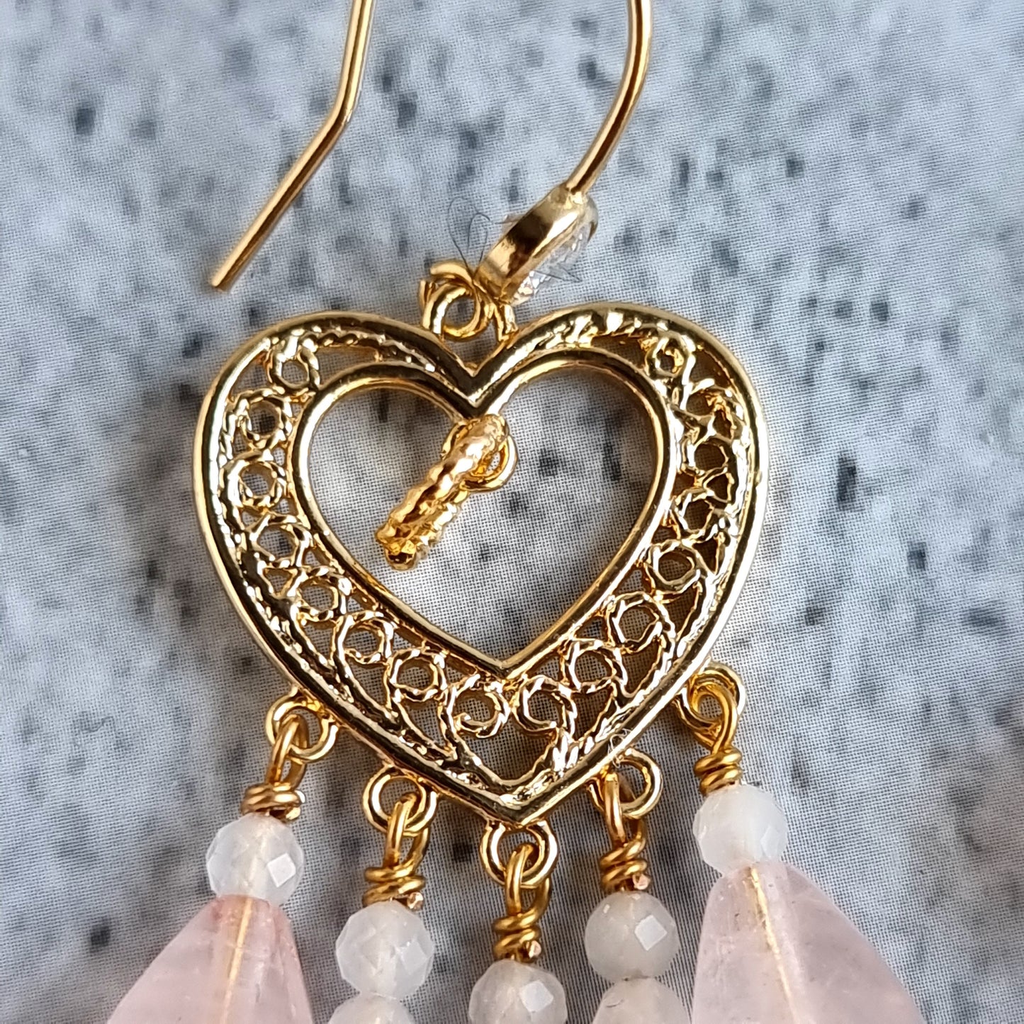 Heart Chandelier Gemstone Earrings - Rose Quartz