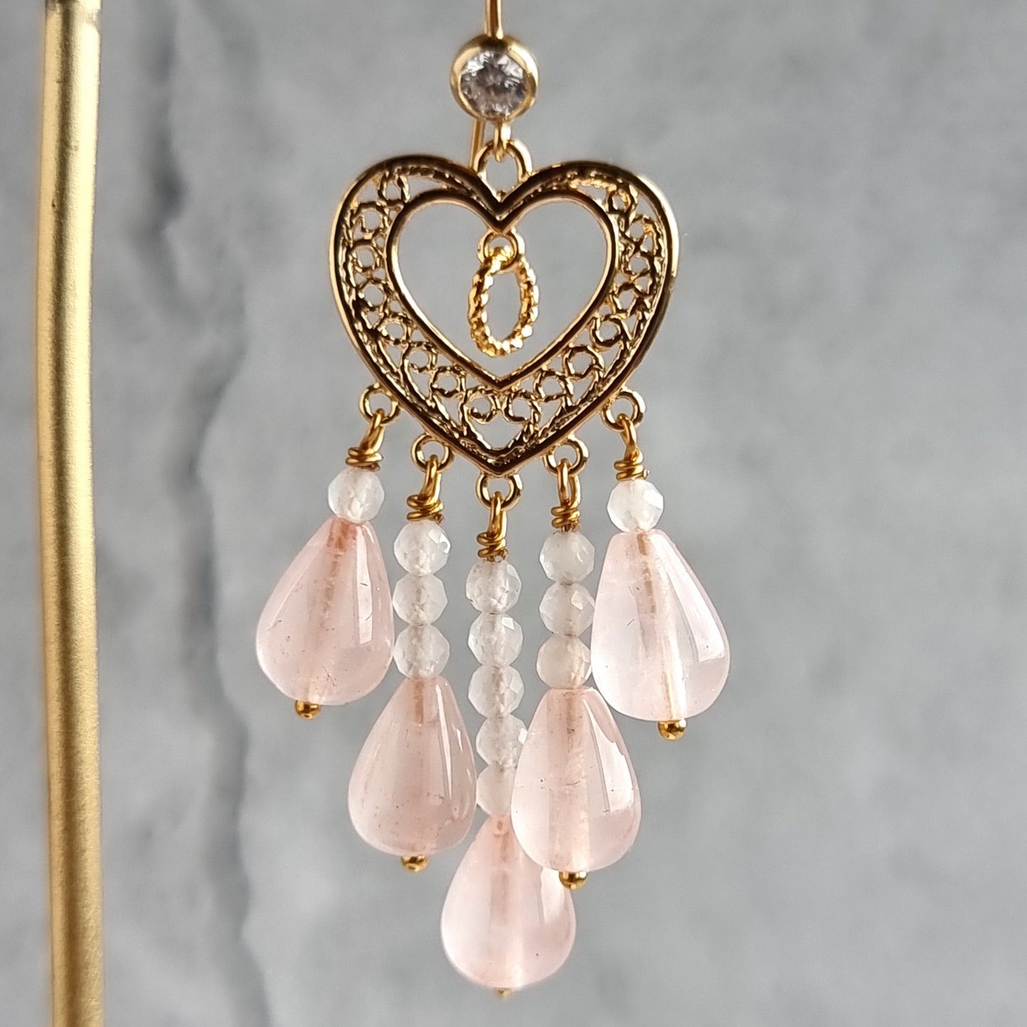 Heart Chandelier Gemstone Earrings - Rose Quartz