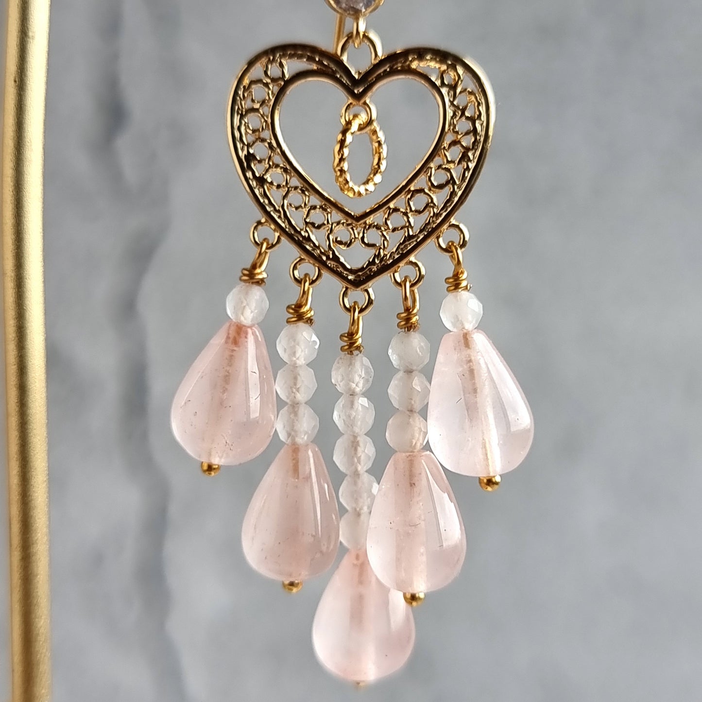 Heart Chandelier Gemstone Earrings - Rose Quartz