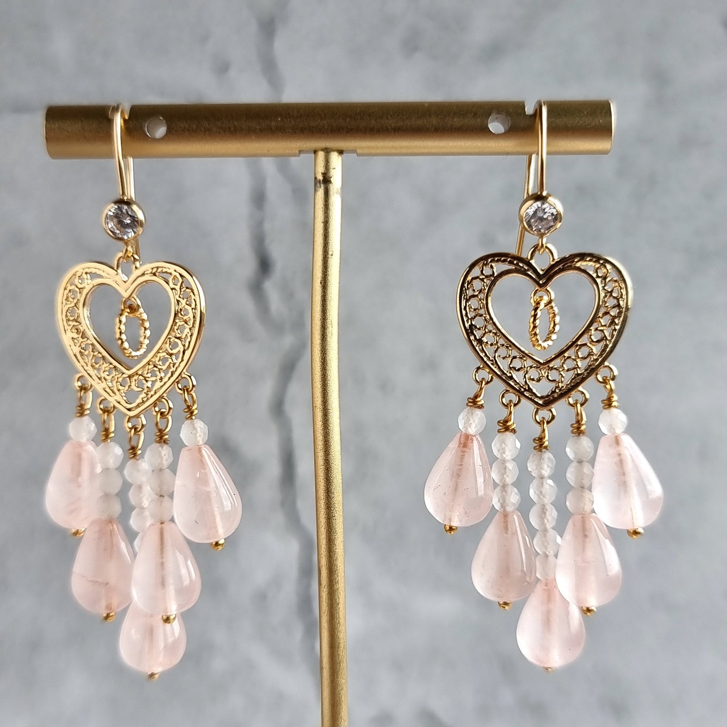 Heart Chandelier Gemstone Earrings - Rose Quartz