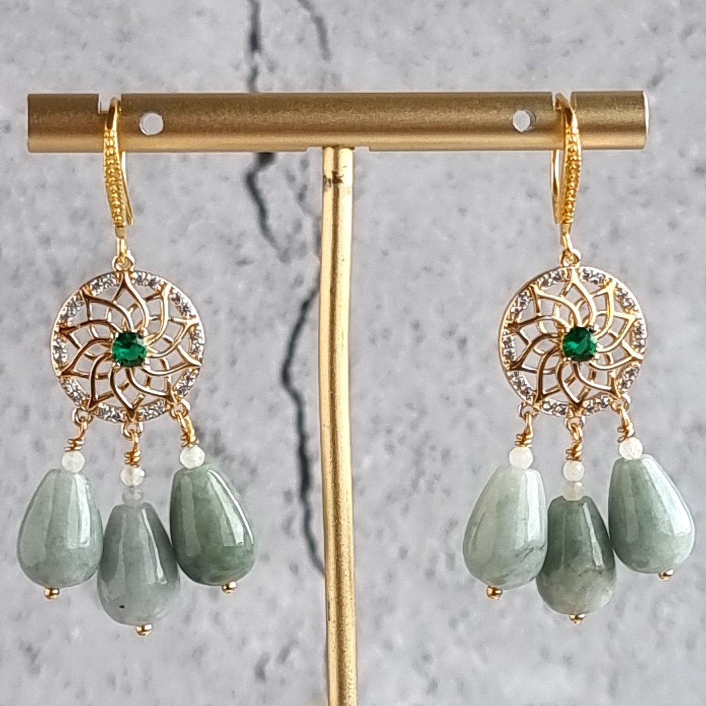 Round Chandelier Gemstone Earrings - Jade