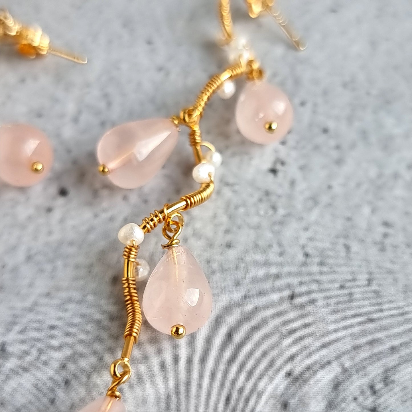 Vine Gemstone & Fresh Water Pearl Earrings - Rose Quartz