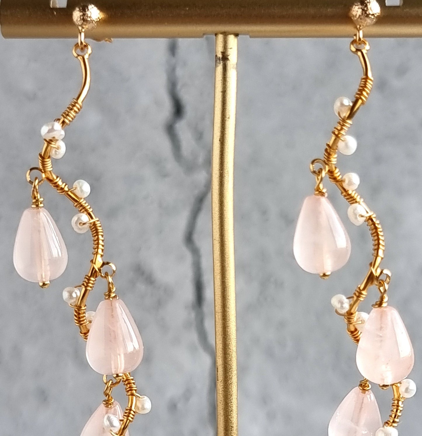 Vine Gemstone & Fresh Water Pearl Earrings - Rose Quartz