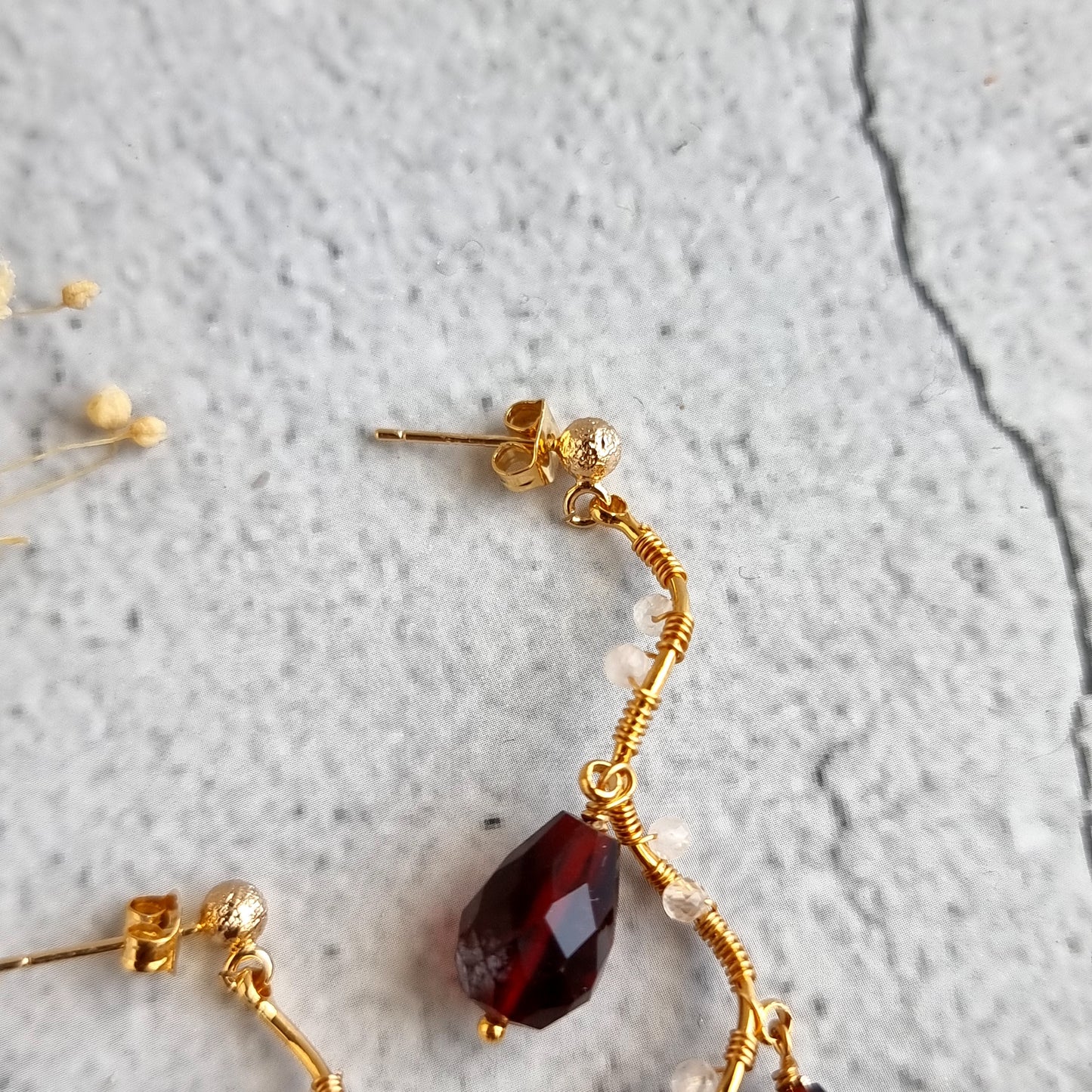 Vine Gemstone Earrings - Red Hydro Quartz with Rose Quartz