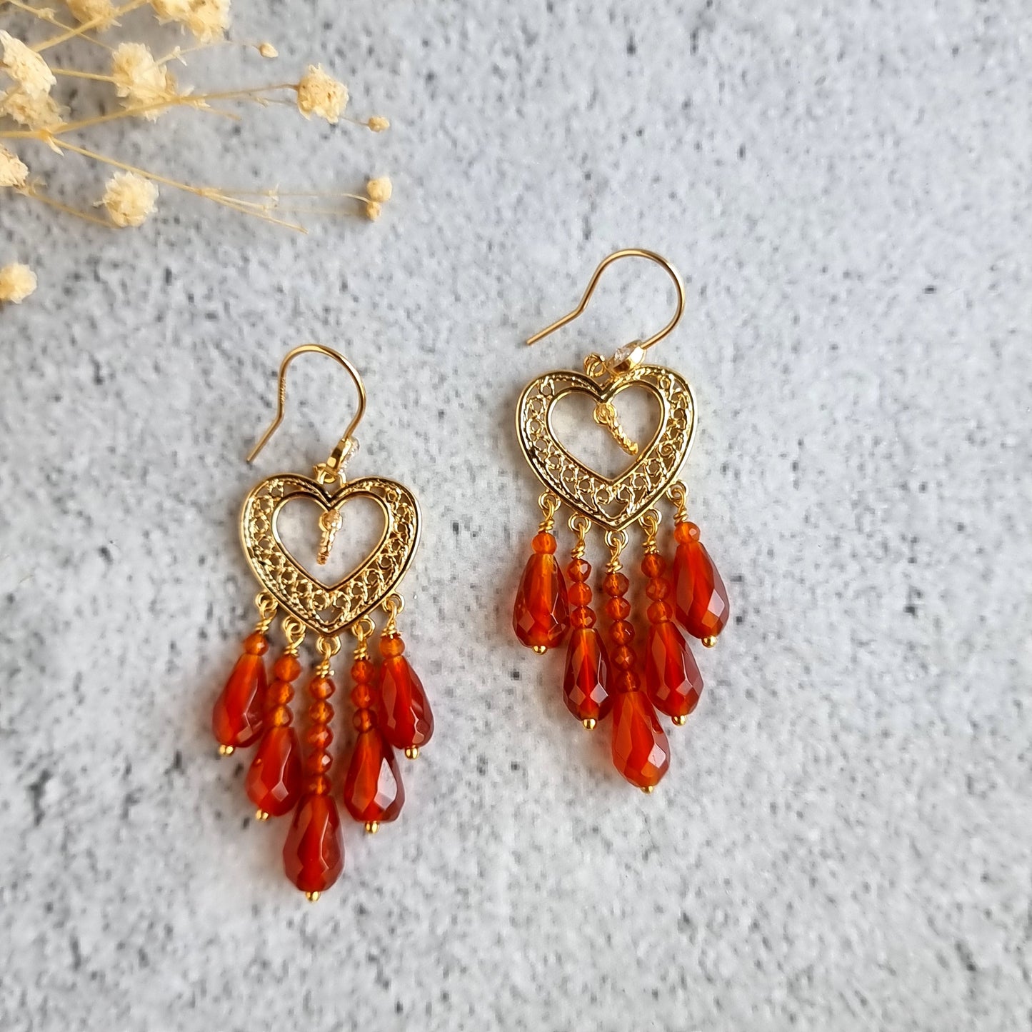 Heart Chandelier Gemstone Earrings - Carnelian
