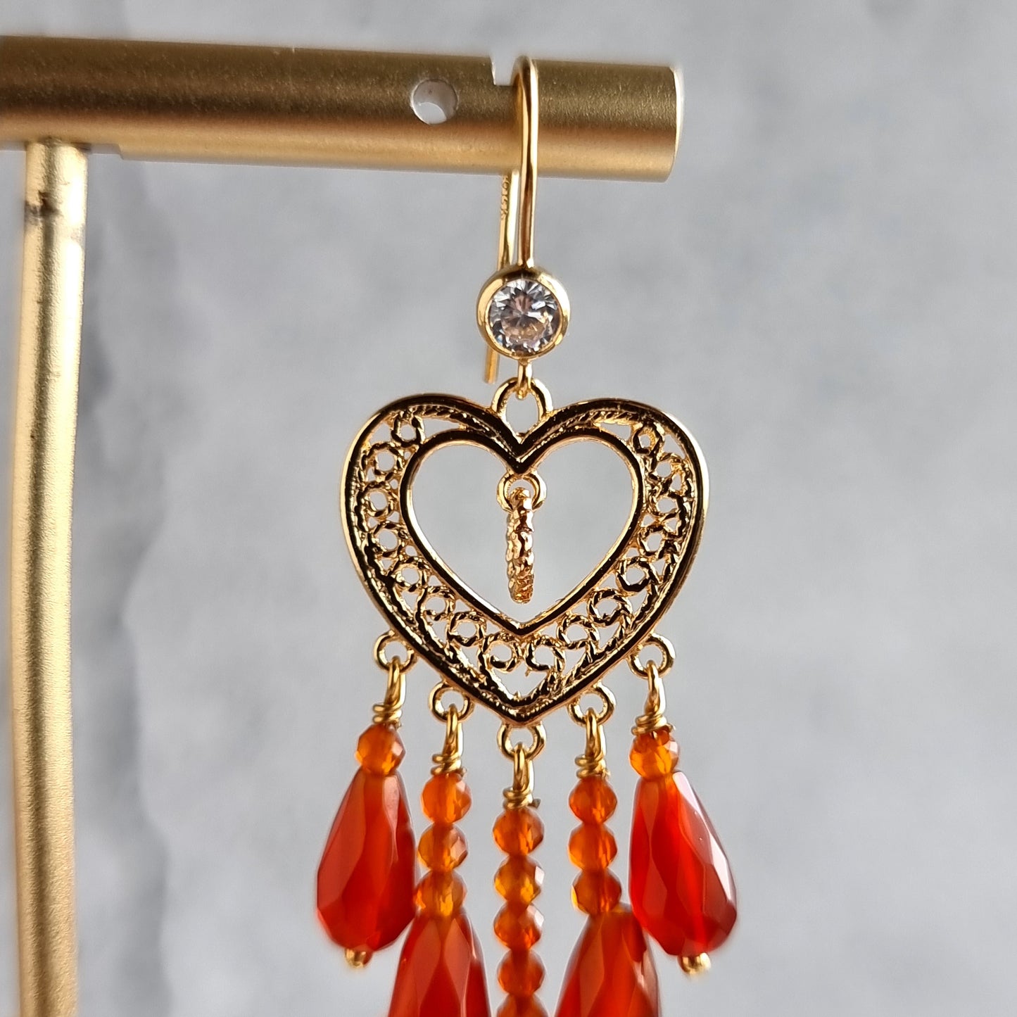 Heart Chandelier Gemstone Earrings - Carnelian