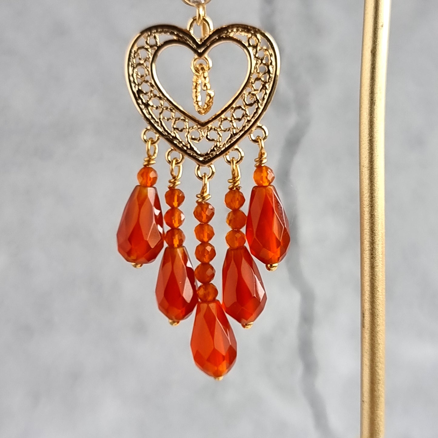 Heart Chandelier Gemstone Earrings - Carnelian