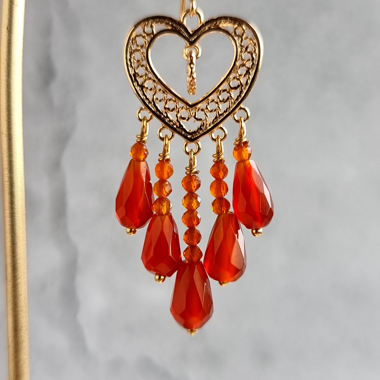 Heart Chandelier Gemstone Earrings - Carnelian