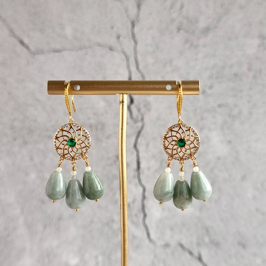 Round Chandelier Gemstone Earrings - Jade