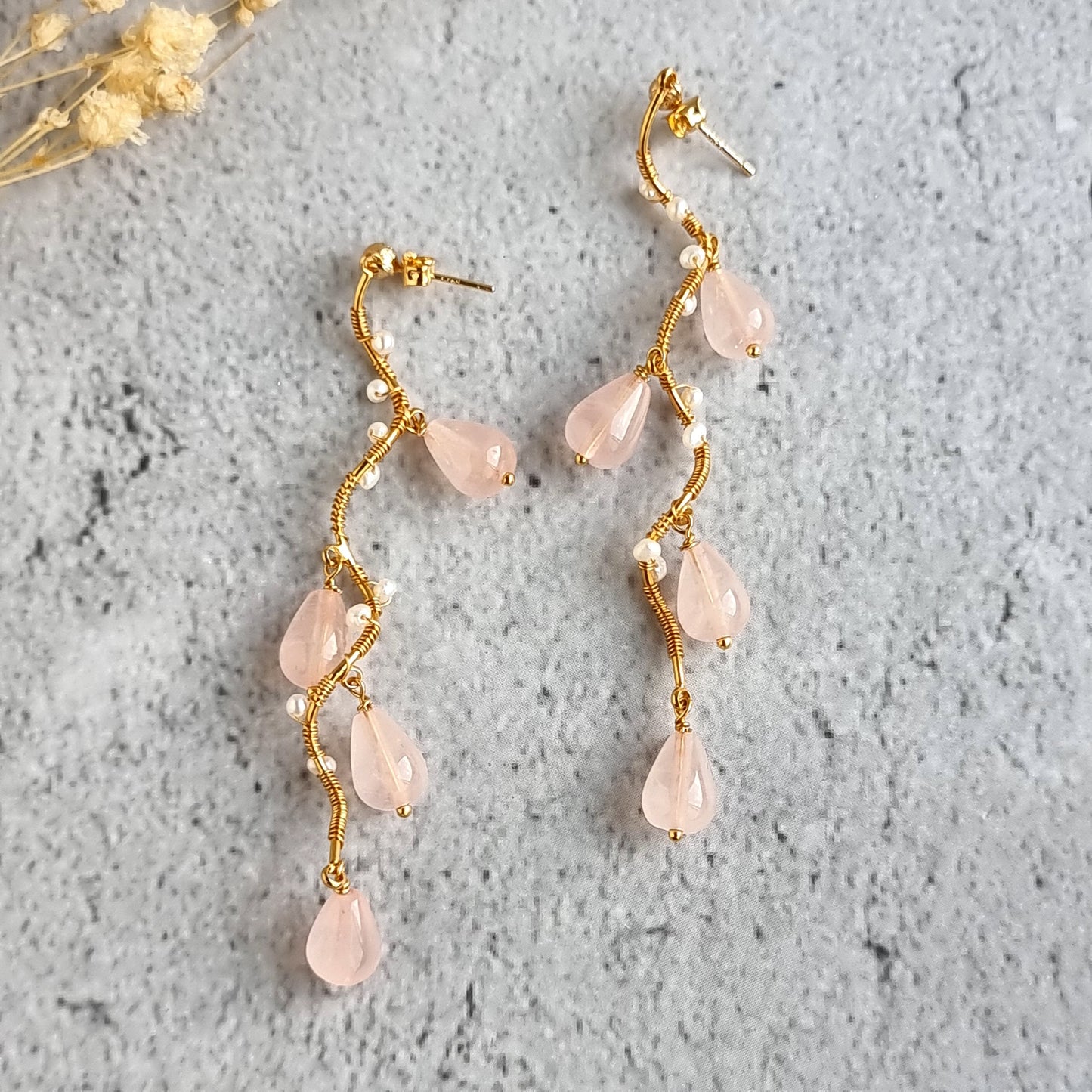 Vine Gemstone & Fresh Water Pearl Earrings - Rose Quartz