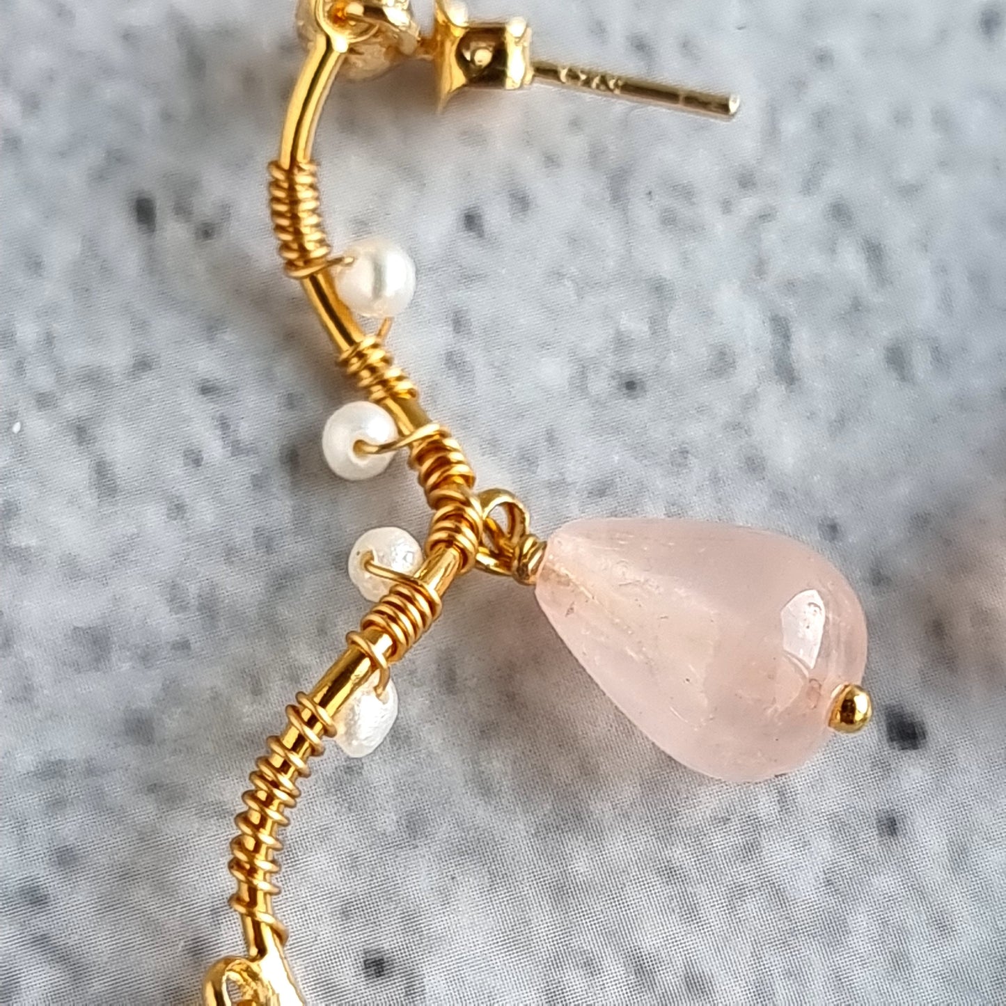 Vine Gemstone & Fresh Water Pearl Earrings - Rose Quartz
