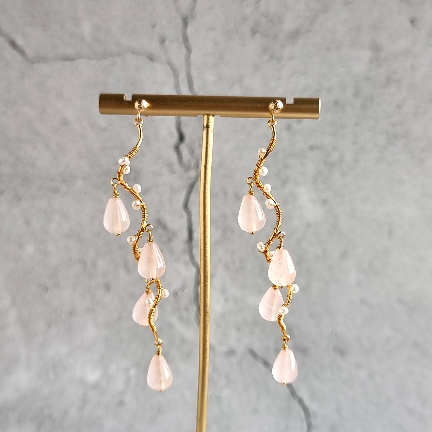 Vine Gemstone & Fresh Water Pearl Earrings - Rose Quartz