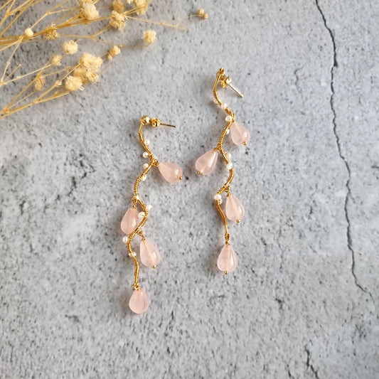 Vine Gemstone & Fresh Water Pearl Earrings - Rose Quartz