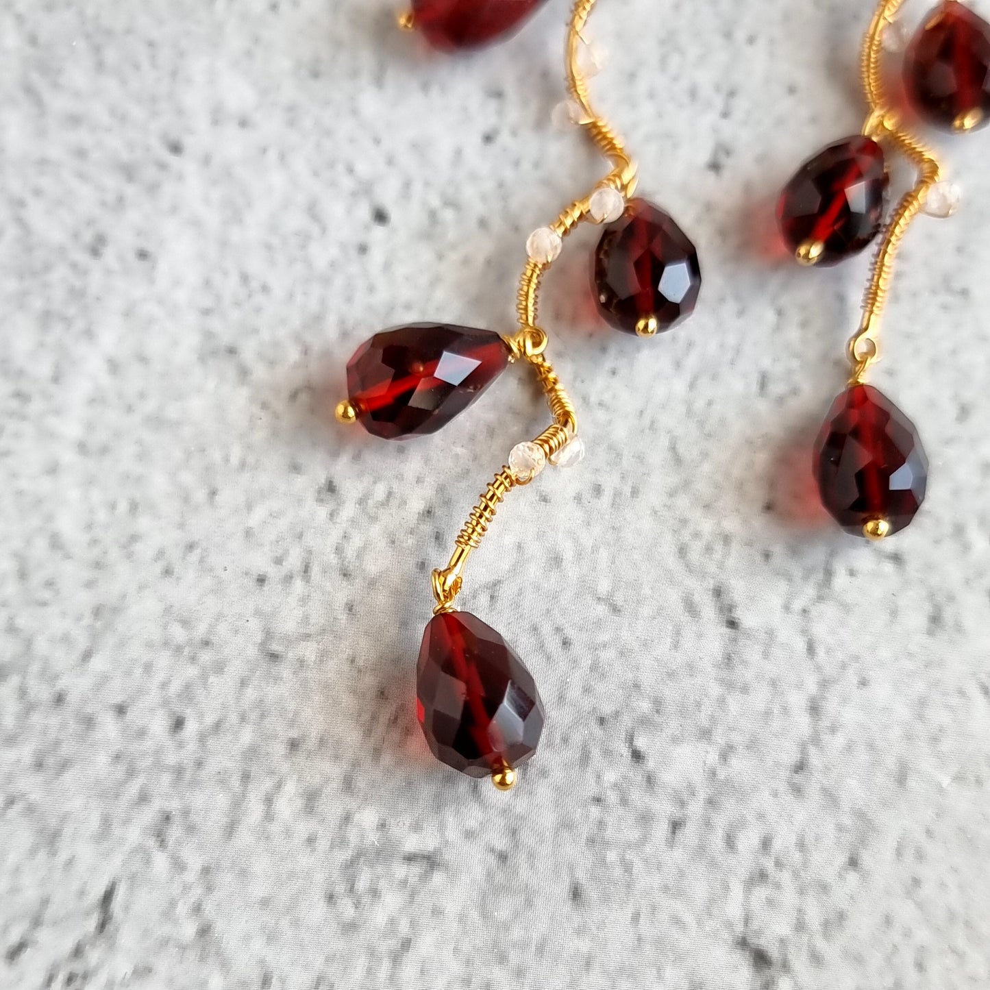 Vine Gemstone Earrings - Red Hydro Quartz with Rose Quartz