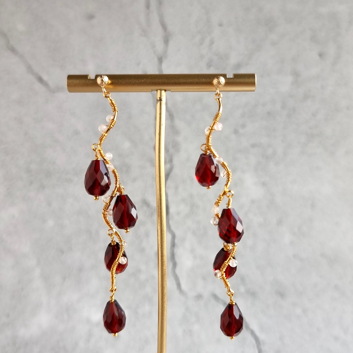 Vine Gemstone Earrings - Red Hydro Quartz with Rose Quartz