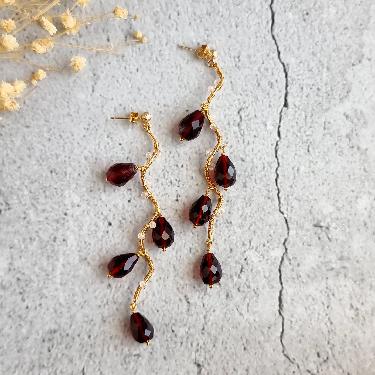 Vine Gemstone Earrings - Red Hydro Quartz with Rose Quartz