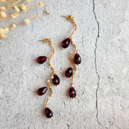 Vine Gemstone Earrings - Red Hydro Quartz with Rose Quartz