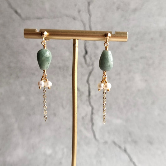 Asymmetrical Jade tear Drop with Fresh Water Pearl Trail Gemstone Earrings