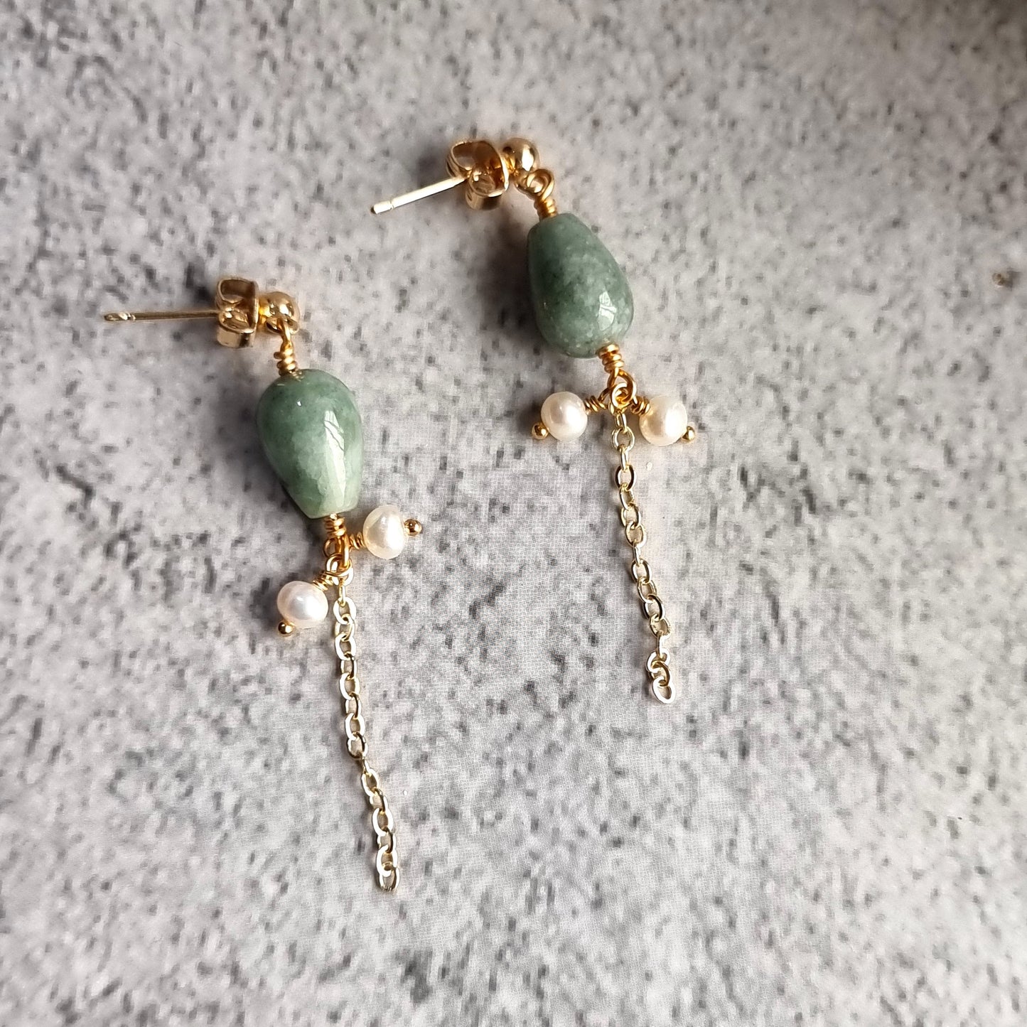 Asymmetrical Jade tear Drop with Fresh Water Pearl Trail Gemstone Earrings