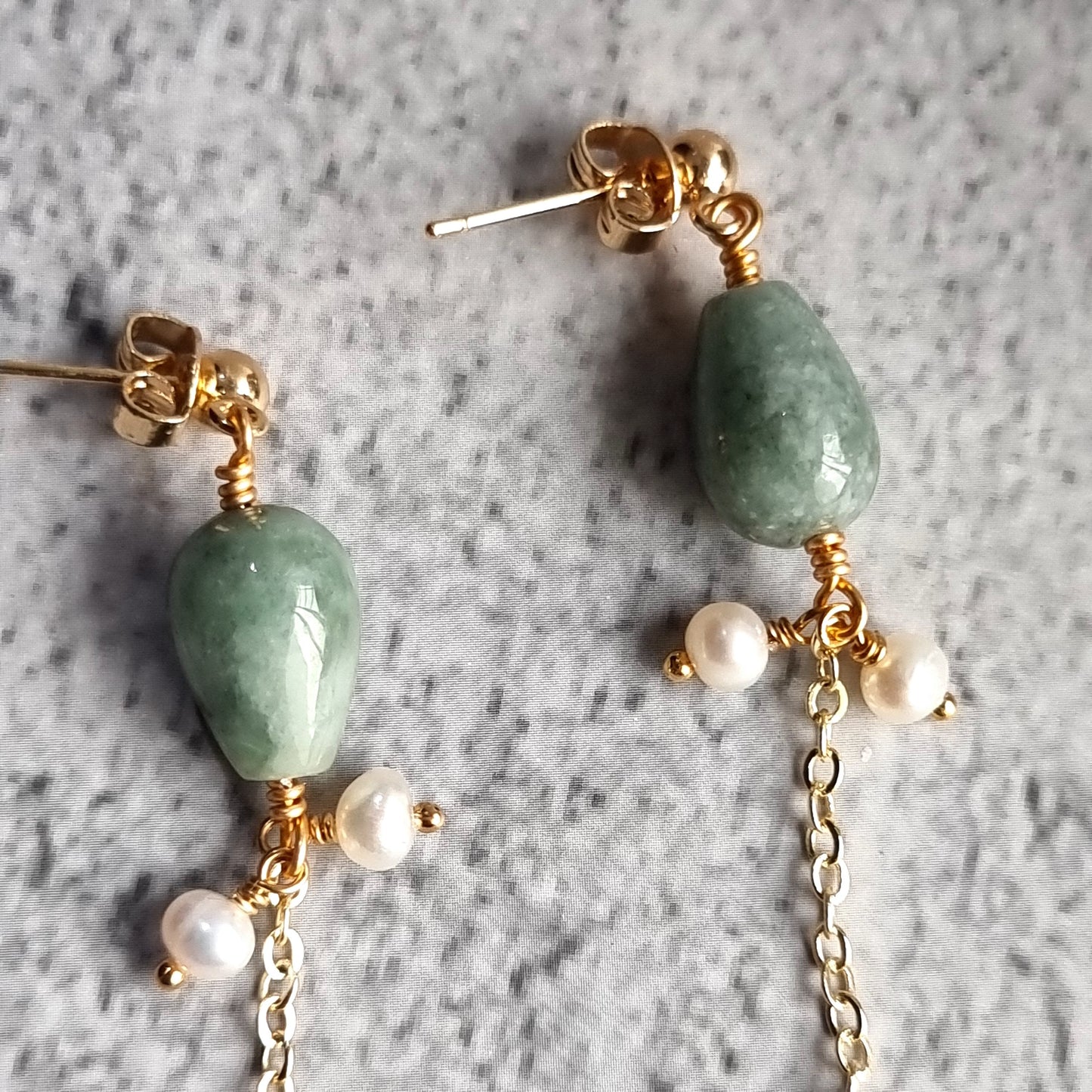 Asymmetrical Jade tear Drop with Fresh Water Pearl Trail Gemstone Earrings
