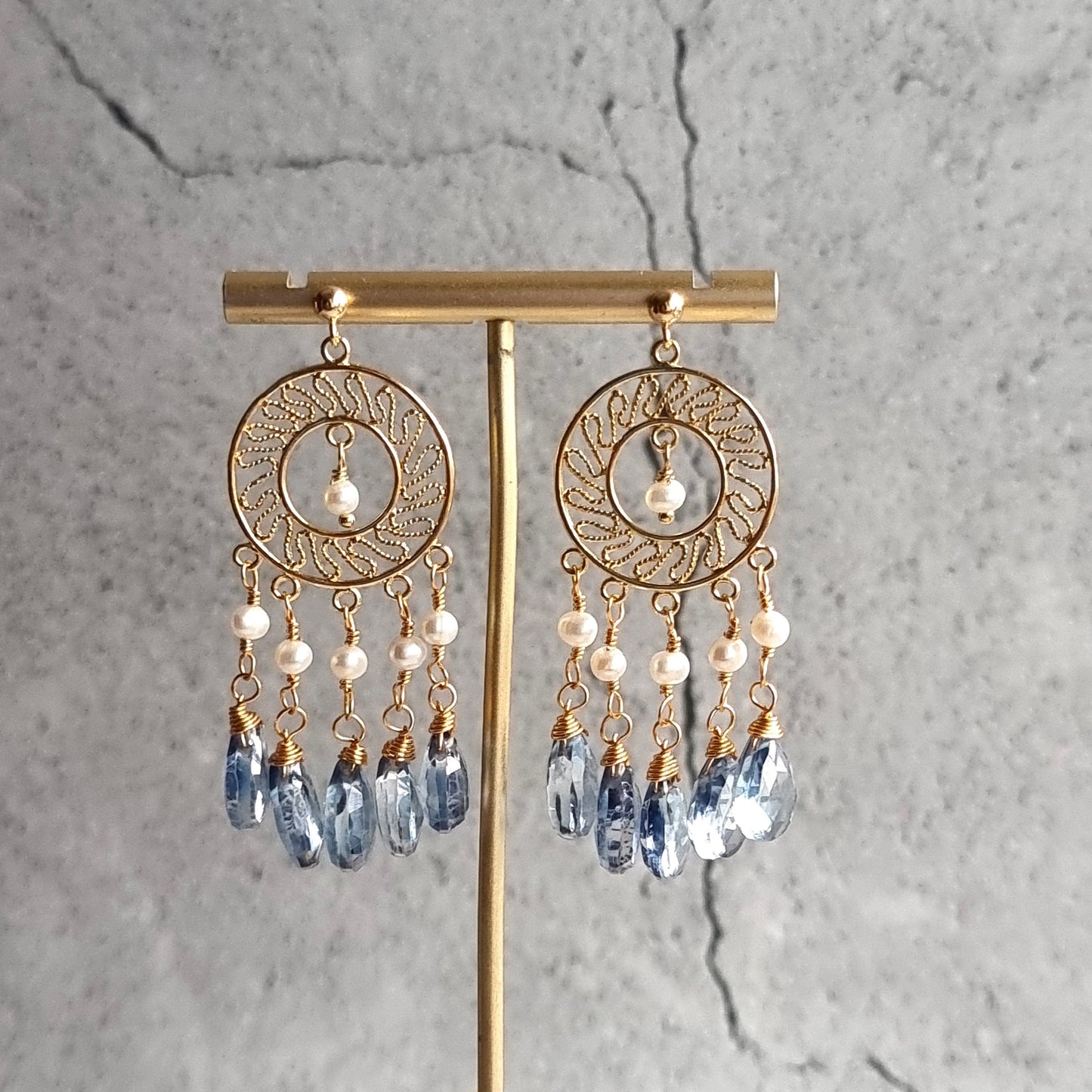 Blue Quartz with Fresh Water Pearl Chandellier Gemstone Earrings