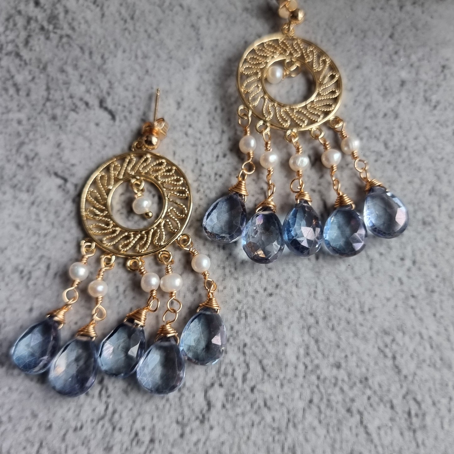 Blue Quartz with Fresh Water Pearl Chandellier Gemstone Earrings