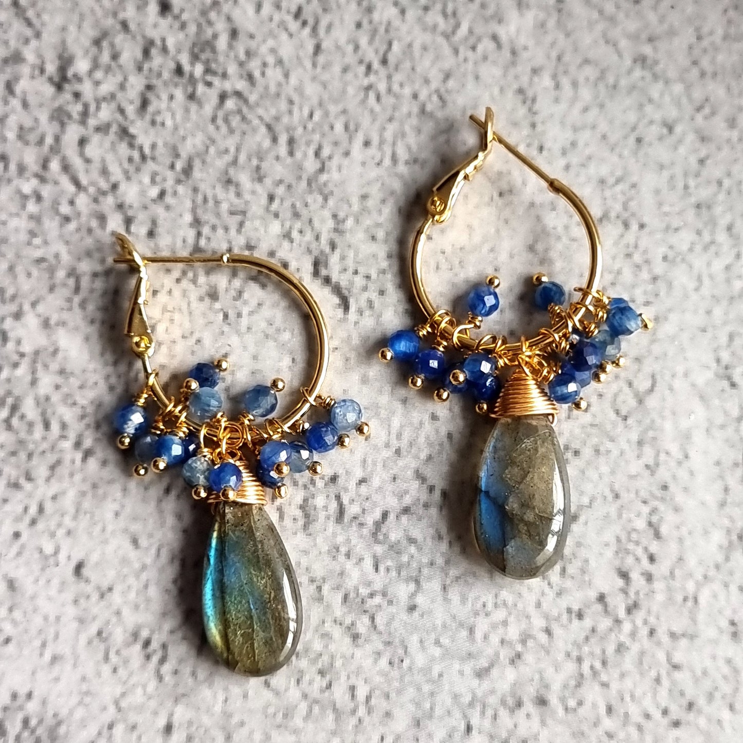 Labradorite with cluster of Kyanite Small Hoop Gemstone Earrings