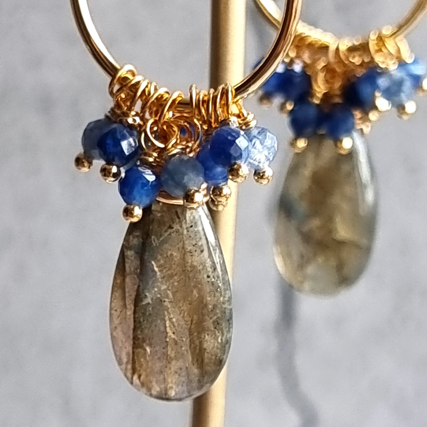 Labradorite with cluster of Kyanite Small Hoop Gemstone Earrings