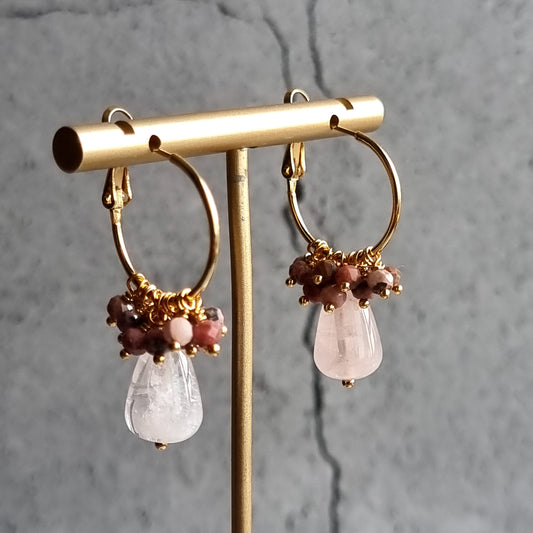 Rose Quartz with cluster of Rhodochrosite Small Hoop Gemstone Earrings