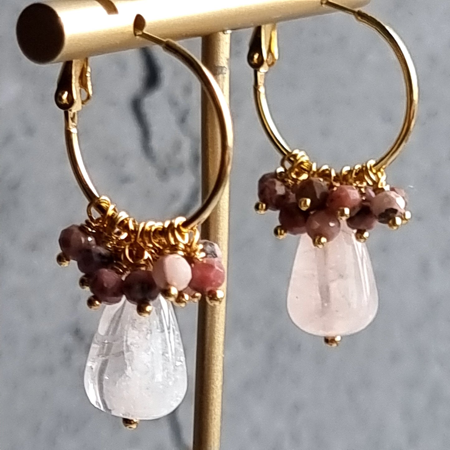 Rose Quartz with cluster of Rhodochrosite Small Hoop Gemstone Earrings