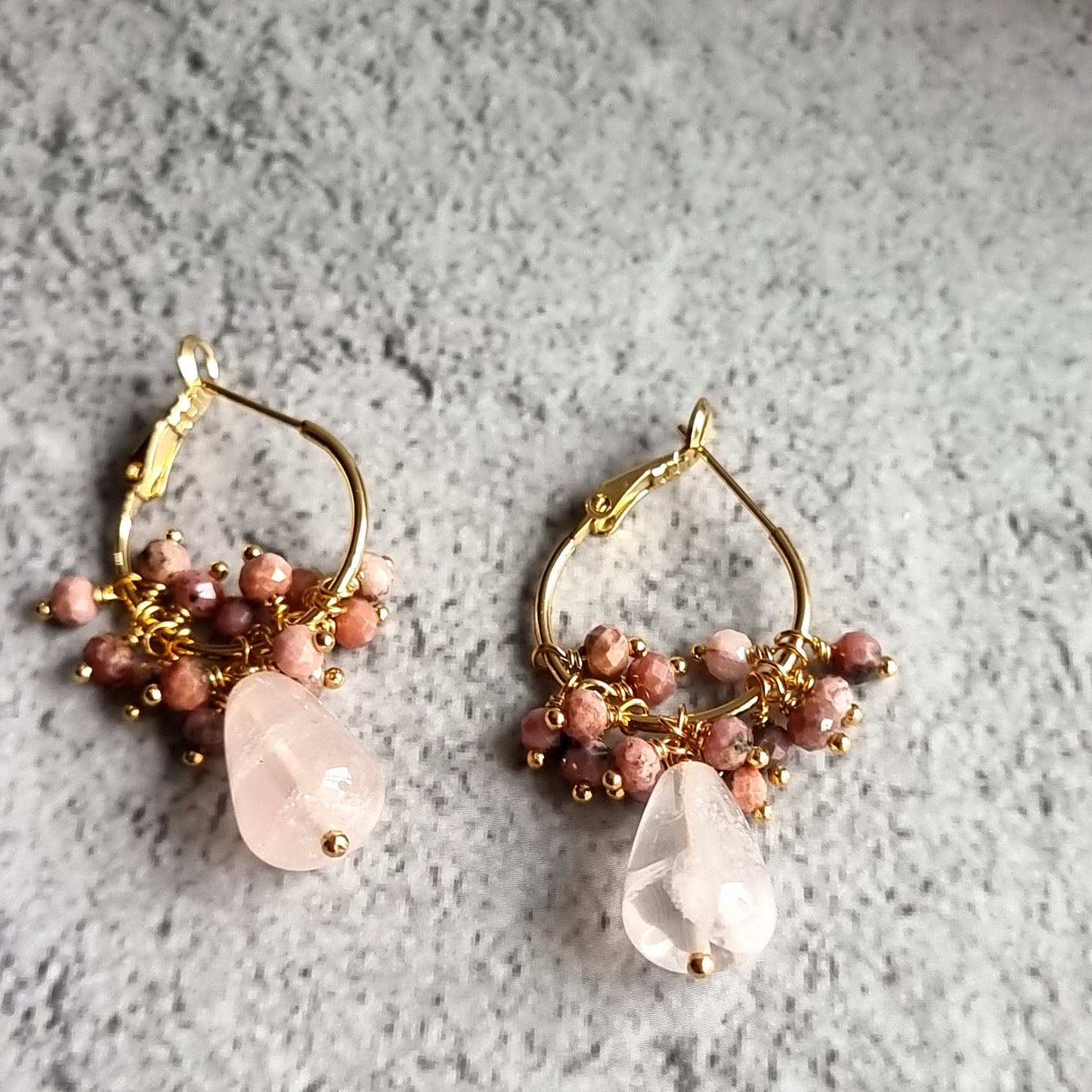 Rose Quartz with cluster of Rhodochrosite Small Hoop Gemstone Earrings