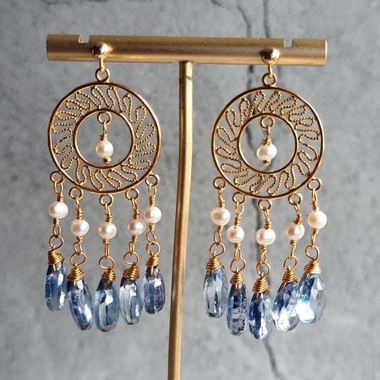 Blue Quartz with Fresh Water Pearl Chandellier Gemstone Earrings