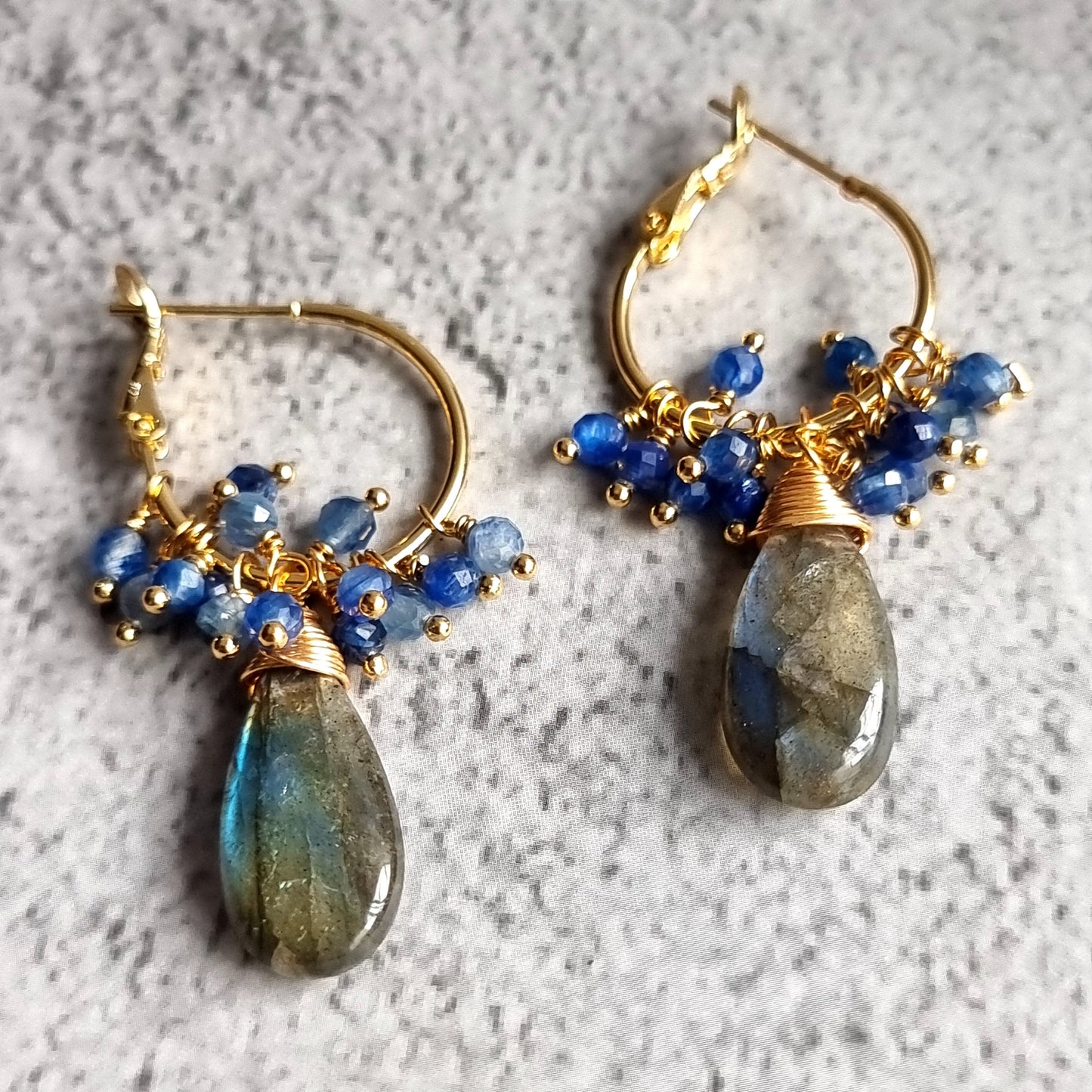 Labradorite with cluster of Kyanite Small Hoop Gemstone Earrings