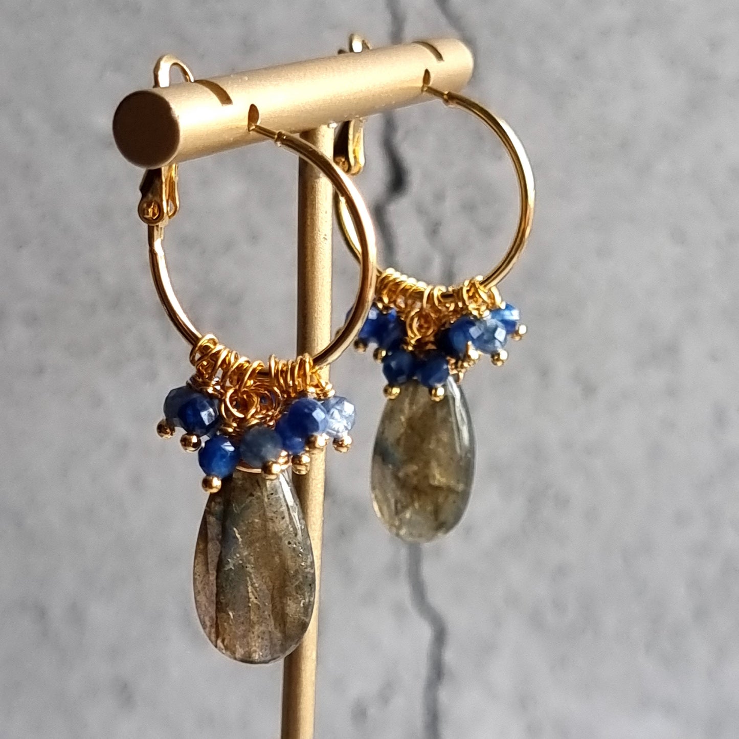 Labradorite with cluster of Kyanite Small Hoop Gemstone Earrings