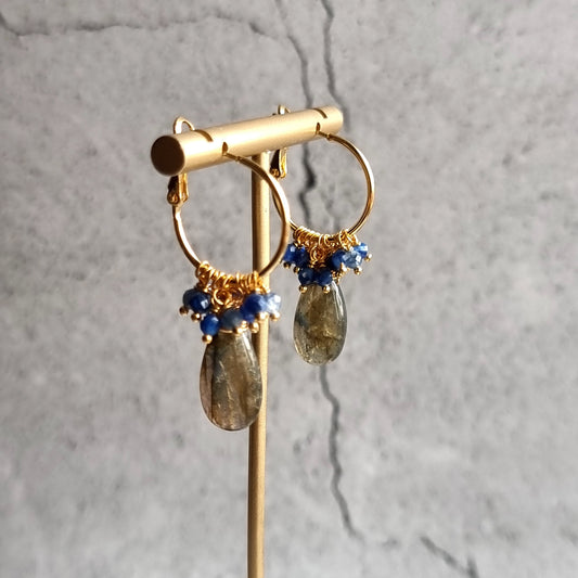 Labradorite with cluster of Kyanite Small Hoop Gemstone Earrings