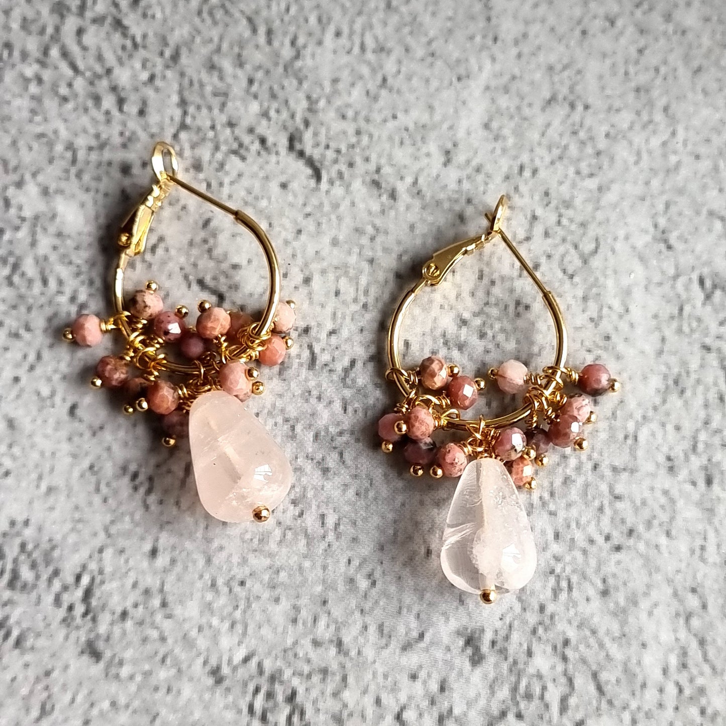 Rose Quartz with cluster of Rhodochrosite Small Hoop Gemstone Earrings