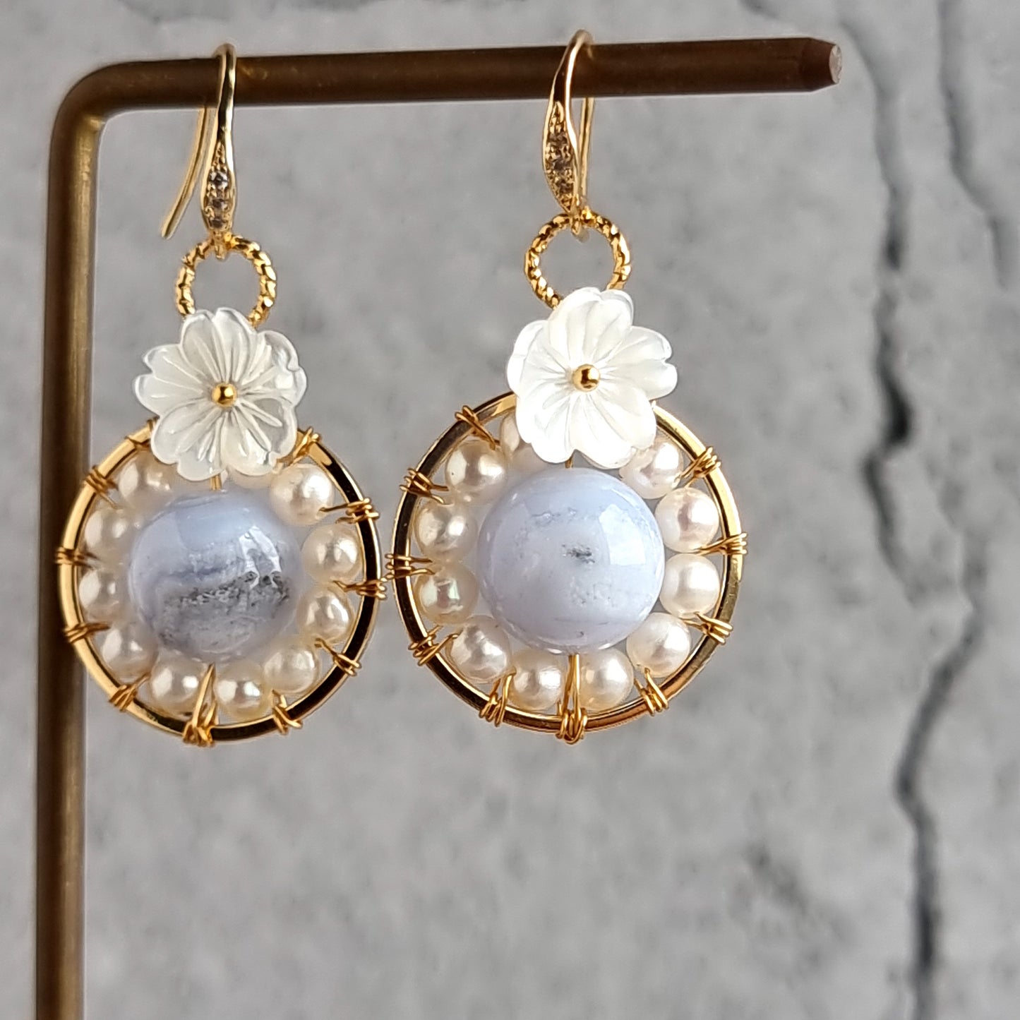 Fresh Water Pearl wrap around Blue Lace Gemstone with Mother of Pearl Flower Earrings