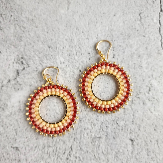 Circular Brick stitch Ombre - Hoop Earrings (Seed Bead) - Red