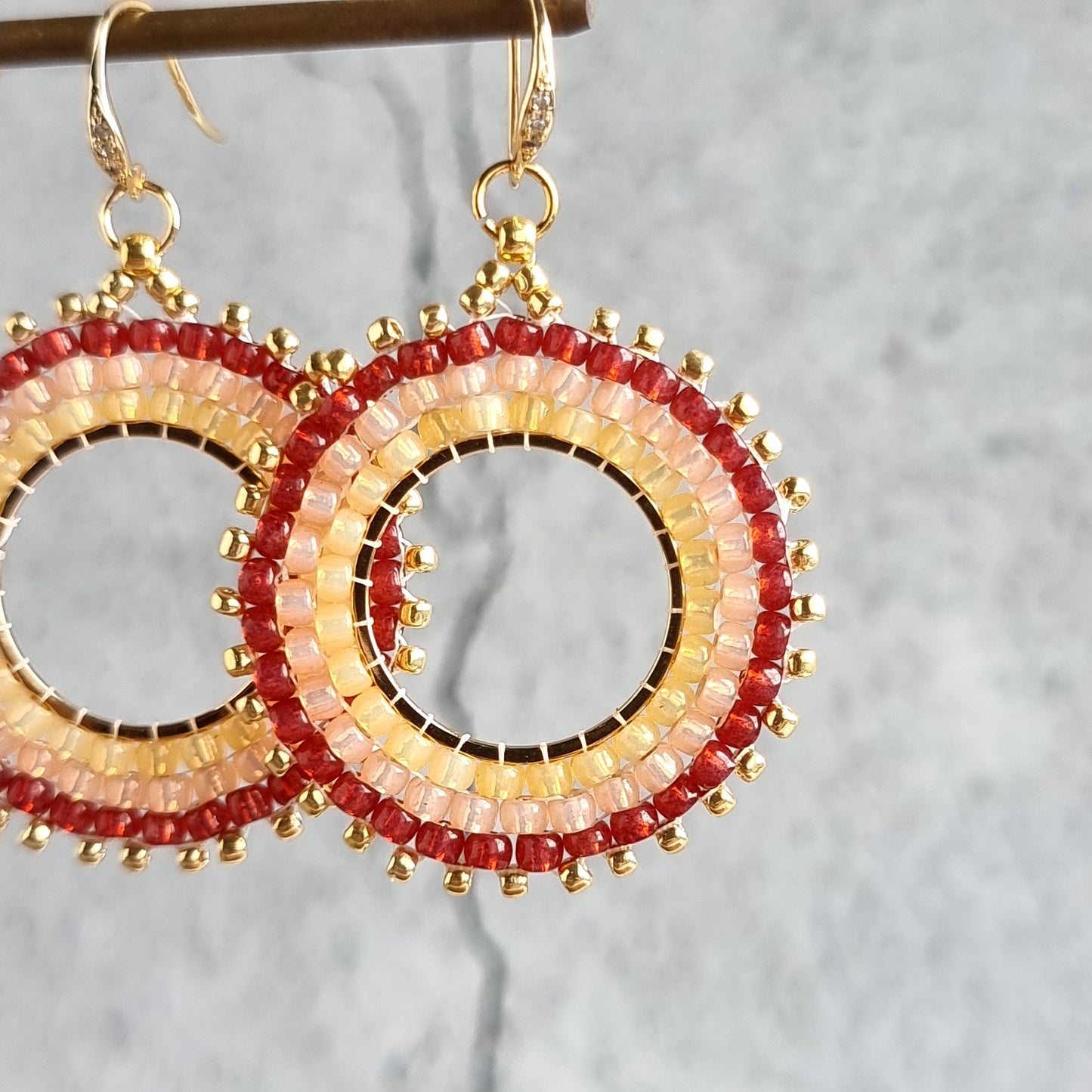 Circular Brick stitch Ombre - Hoop Earrings (Seed Bead) - Red