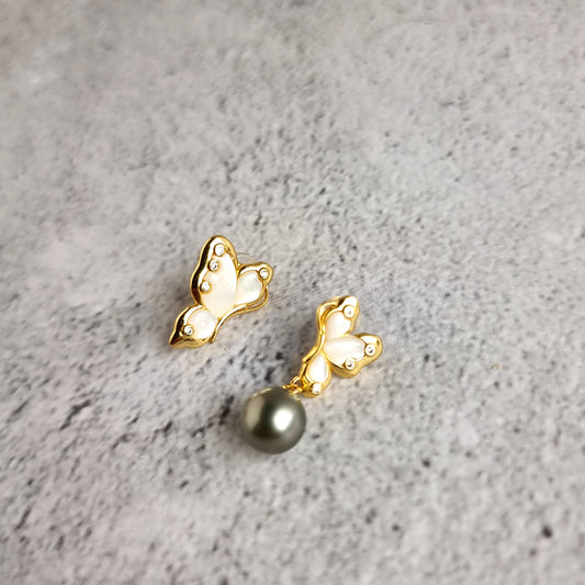 Asymmetrical Shell Pearl with Tahitian Pearl Earrings