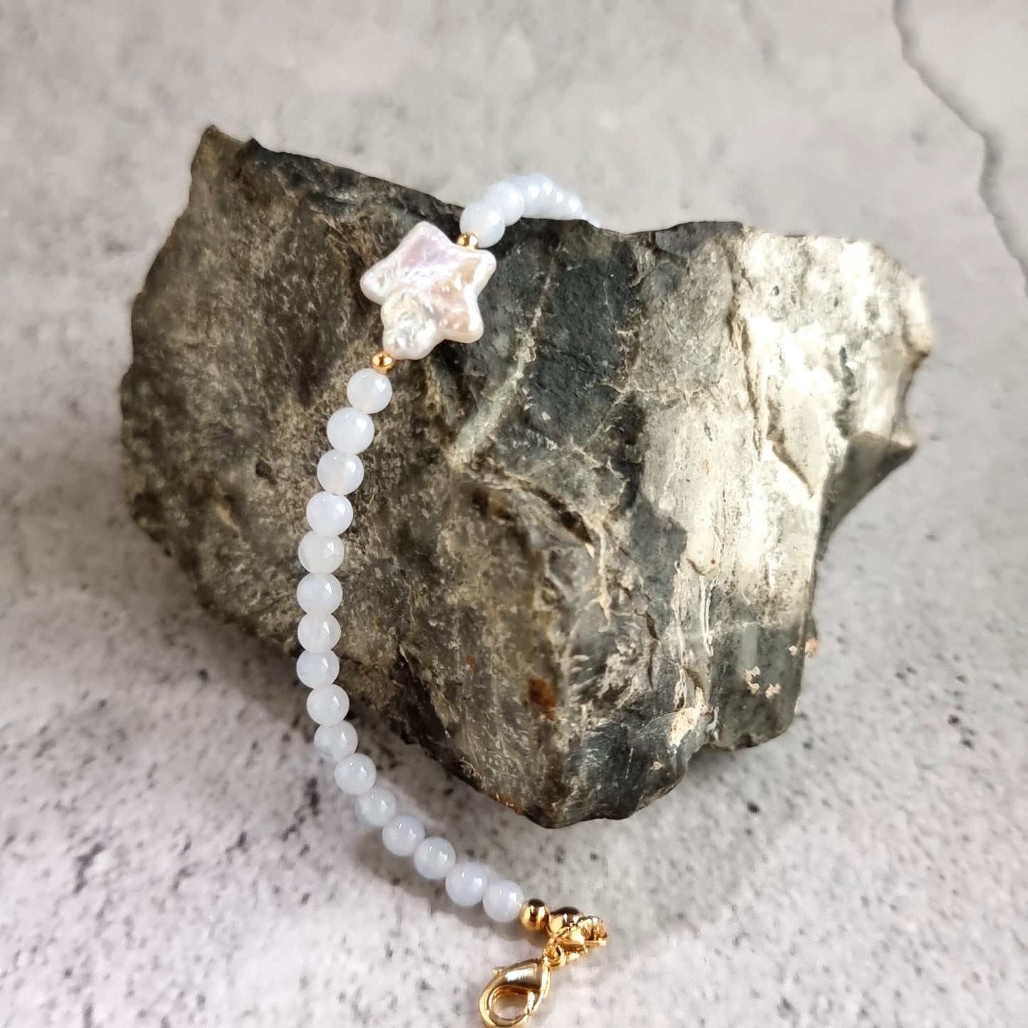 Blue lace Agate Gemstone Bracelet with Star Fresh Water Pearl