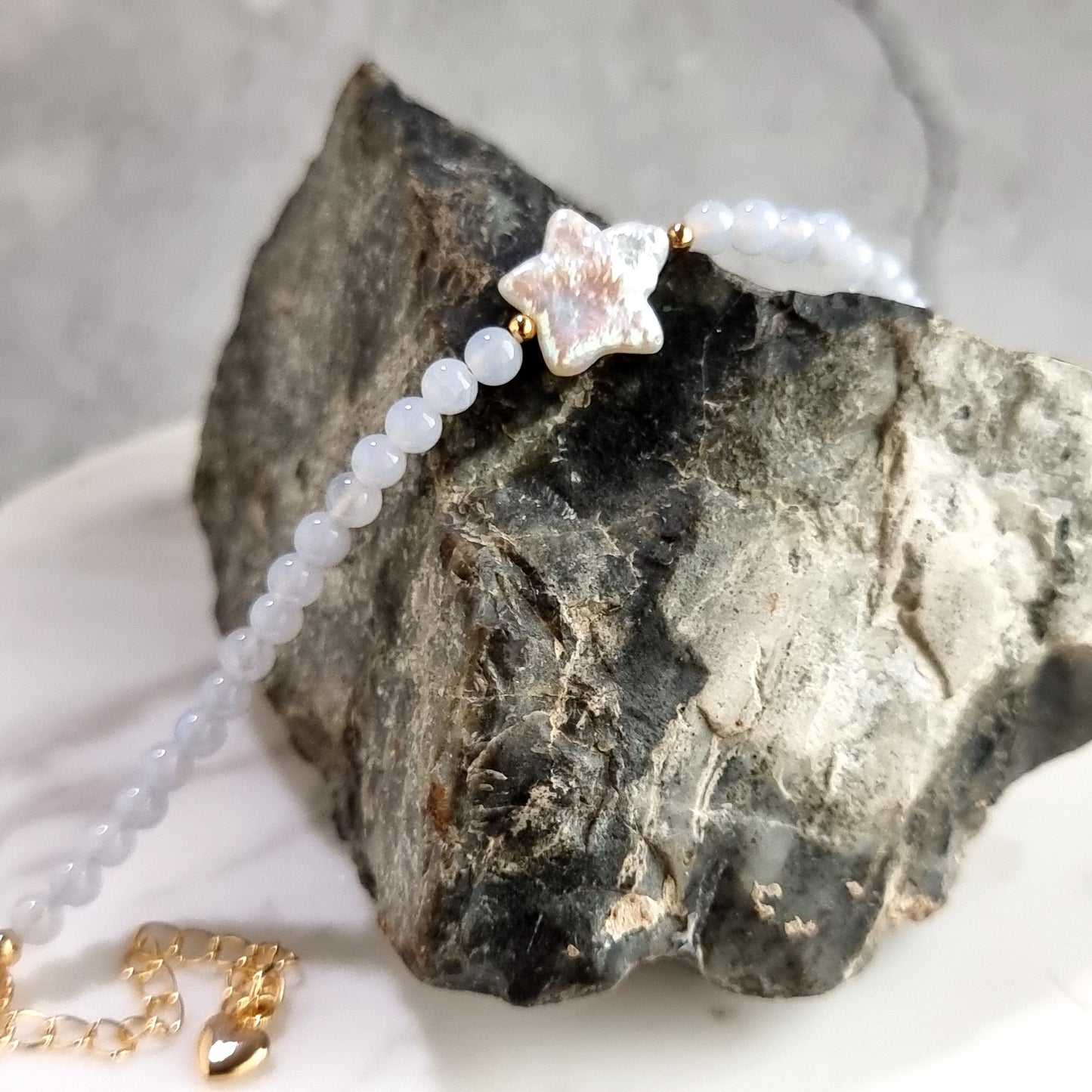 Blue lace Agate Gemstone Bracelet with Star Fresh Water Pearl