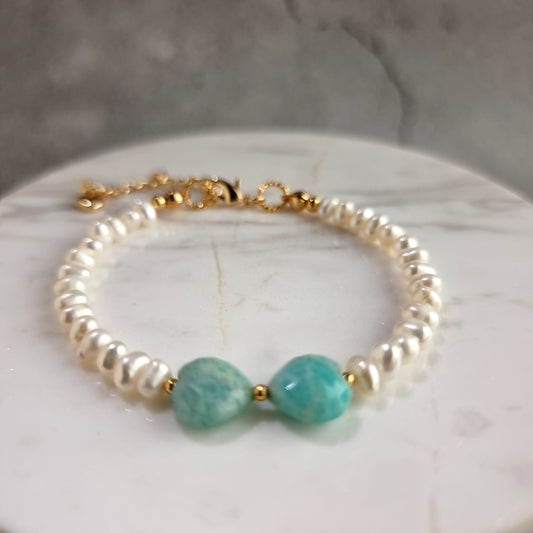 Amazonite Gemstone with Fresh Water Pearl Bracelet