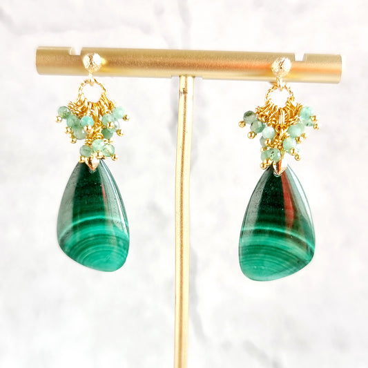Malachite with cluster of Shaded Emerald Gemstone Earrings