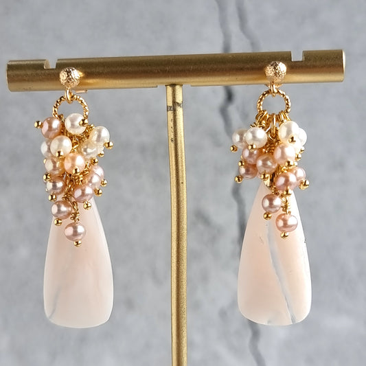 Pink Opal gemstone with cluster of tri color Fresh Water Pearl Earrings